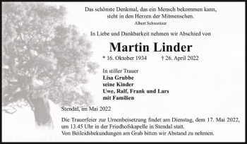 Traueranzeige von Martin Linder  von Magdeburger Volksstimme
