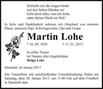 Traueranzeige von Martin Lohe  von Magdeburger Volksstimme