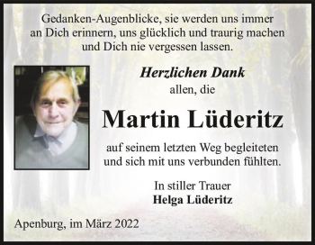Traueranzeige von Martin Lüderitz  von Magdeburger Volksstimme