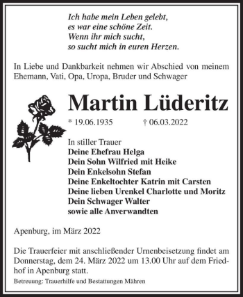 Traueranzeige von Martin Lüderitz  von Magdeburger Volksstimme