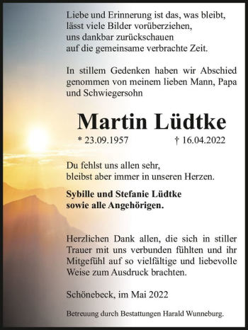 Traueranzeige von Martin Lüdtke  von Magdeburger Volksstimme