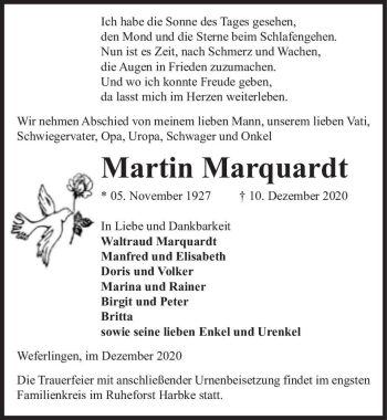 Traueranzeige von Martin Marquardt  von Magdeburger Volksstimme