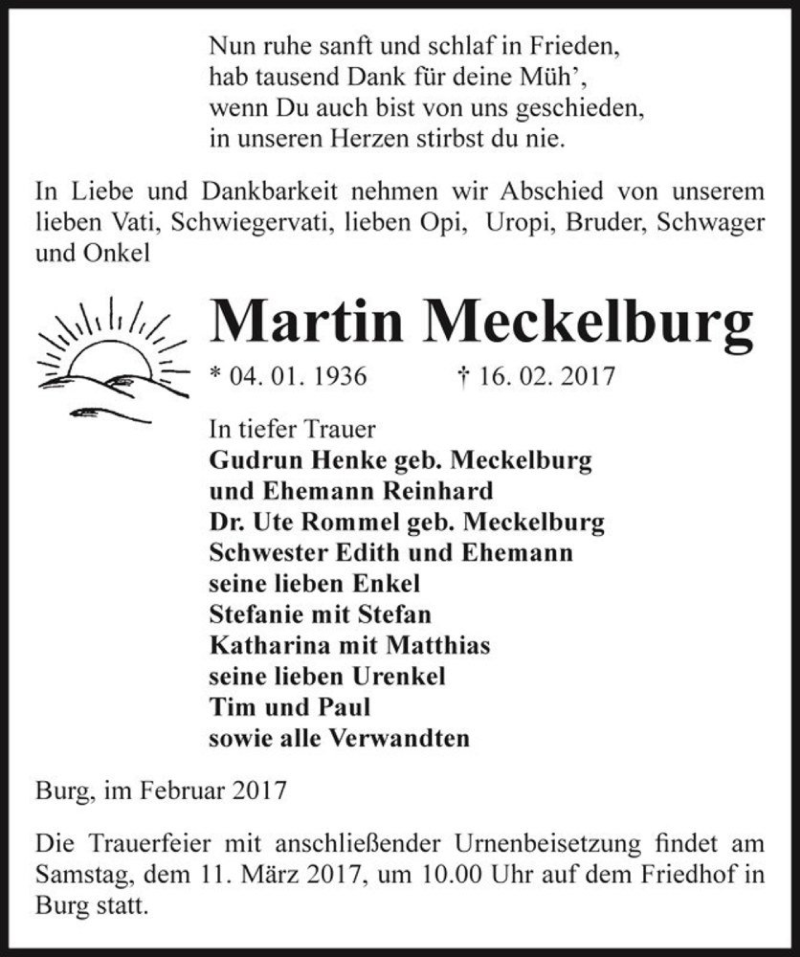  Traueranzeige für Martin Meckelburg  vom 25.02.2017 aus Magdeburger Volksstimme