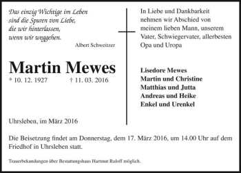 Traueranzeige von Martin Mewes  von Magdeburger Volksstimme