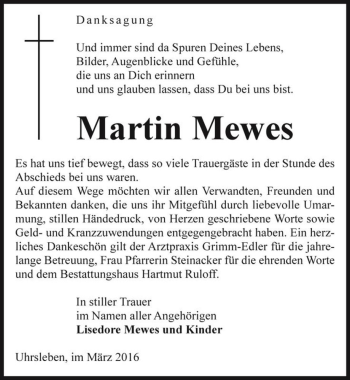 Traueranzeige von Martin Mewes  von Magdeburger Volksstimme