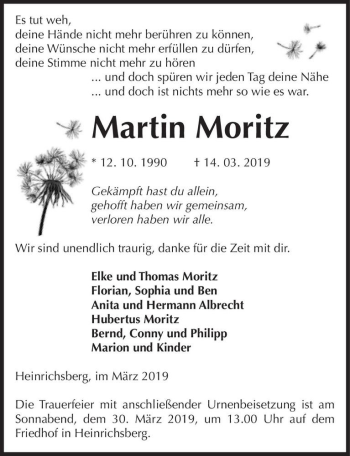 Traueranzeige von Martin Moritz  von Magdeburger Volksstimme