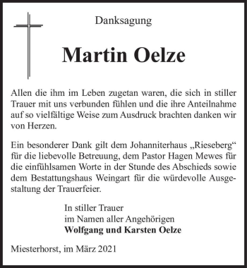 Traueranzeige von Martin Oelze  von Magdeburger Volksstimme