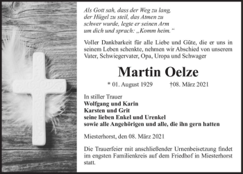 Traueranzeige von Martin Oelze  von Magdeburger Volksstimme