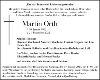 Traueranzeige von Martin Orth  von Magdeburger Volksstimme