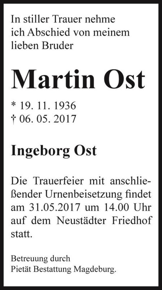  Traueranzeige für Martin Ost  vom 20.05.2017 aus Magdeburger Volksstimme