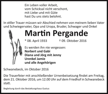 Traueranzeige von Martin Pergande  von Magdeburger Volksstimme