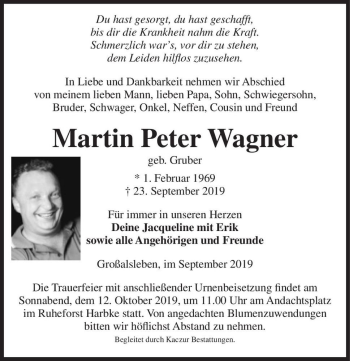 Traueranzeige von Martin Peter Wagner (geb. Gruber)  von Magdeburger Volksstimme