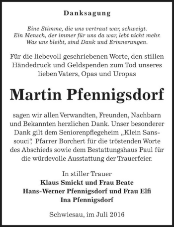 Traueranzeige von Martin Pfennigsdorf  von Magdeburger Volksstimme
