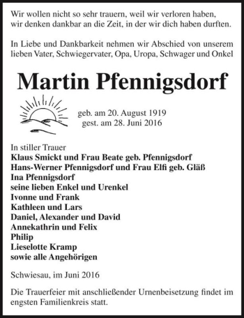 Traueranzeige von Martin Pfennigsdorf  von Magdeburger Volksstimme