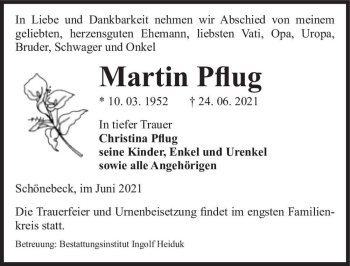 Traueranzeige von Martin Pflug  von Magdeburger Volksstimme