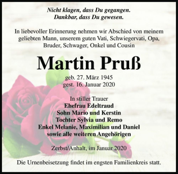 Traueranzeige von Martin Pruß  von Magdeburger Volksstimme