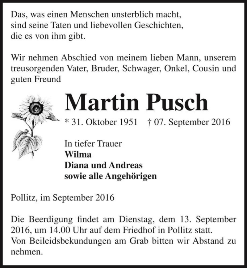  Traueranzeige für Martin Pusch  vom 10.09.2016 aus Magdeburger Volksstimme