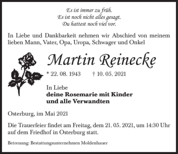 Traueranzeige von Martin Reinecke  von Magdeburger Volksstimme