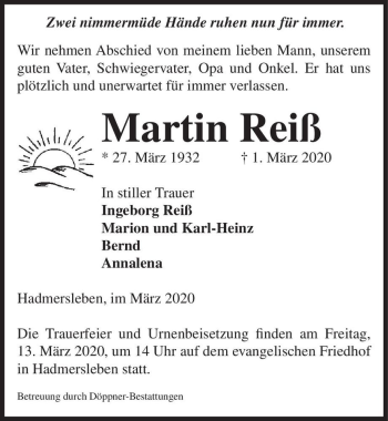 Traueranzeige von Martin Reiß  von Magdeburger Volksstimme
