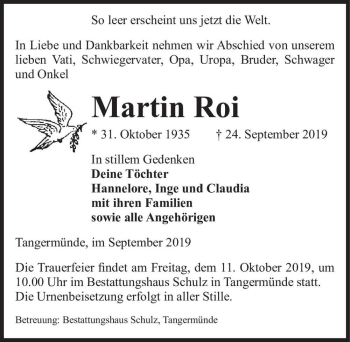 Traueranzeige von Martin Roi  von Magdeburger Volksstimme