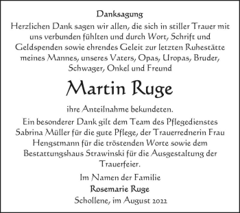 Traueranzeige von Martin Ruge  von Magdeburger Volksstimme