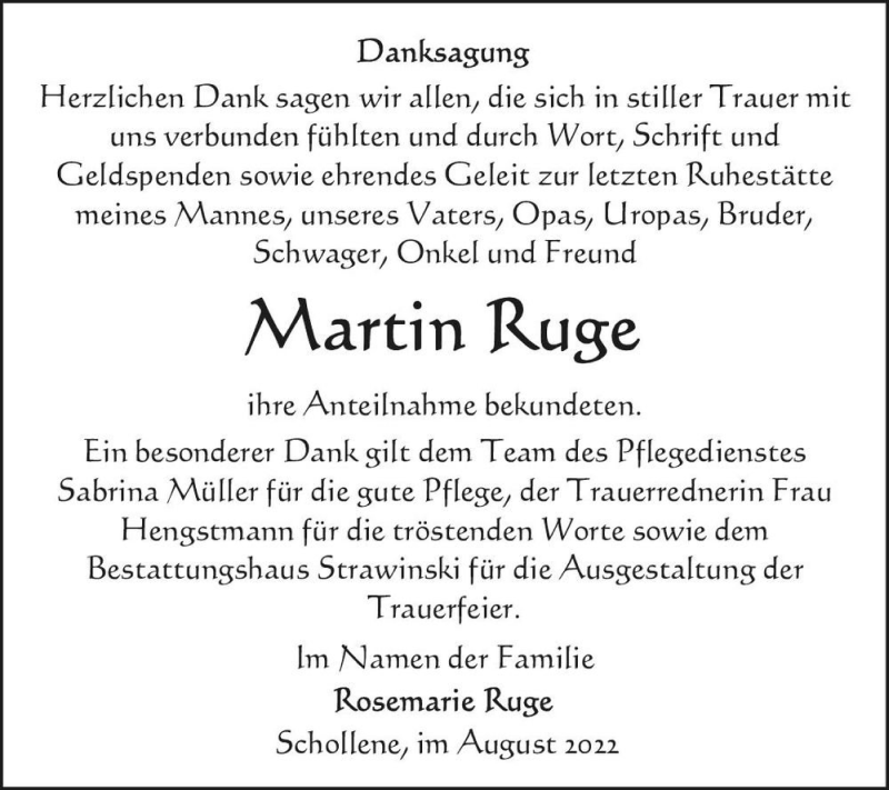  Traueranzeige für Martin Ruge  vom 07.09.2022 aus Magdeburger Volksstimme