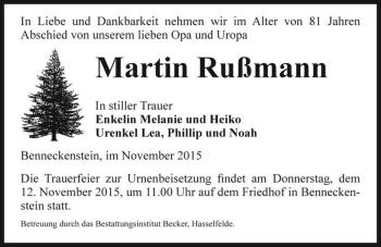 Traueranzeige von Martin Rußmann  von Magdeburger Volksstimme