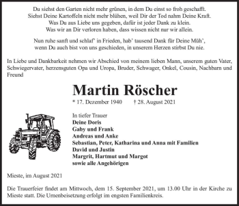 Traueranzeige von Martin Röscher  von Magdeburger Volksstimme