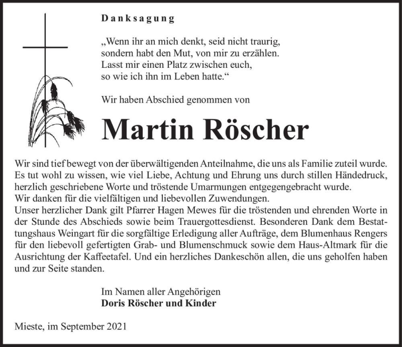  Traueranzeige für Martin Röscher  vom 24.09.2021 aus Magdeburger Volksstimme