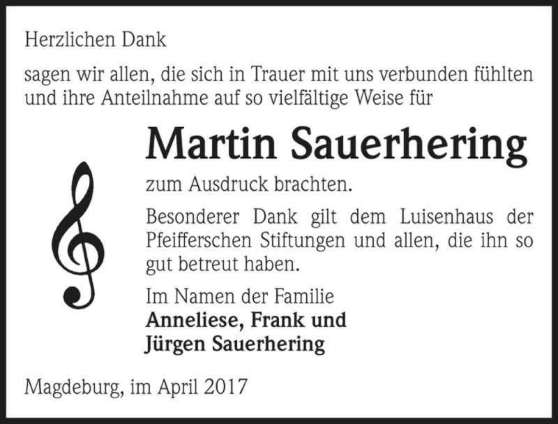  Traueranzeige für Martin Sauerhering  vom 15.04.2017 aus Magdeburger Volksstimme