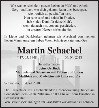 Traueranzeige von Martin Schachel  von Magdeburger Volksstimme