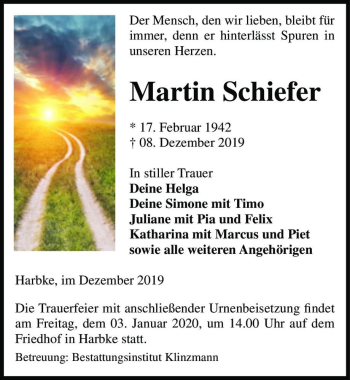 Traueranzeige von Martin Schiefer  von Magdeburger Volksstimme