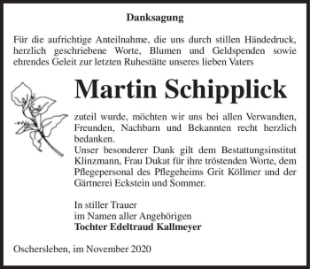 Traueranzeige von Martin Schipplick  von Magdeburger Volksstimme