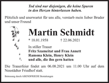 Traueranzeige von Martin Schmidt  von Magdeburger Volksstimme