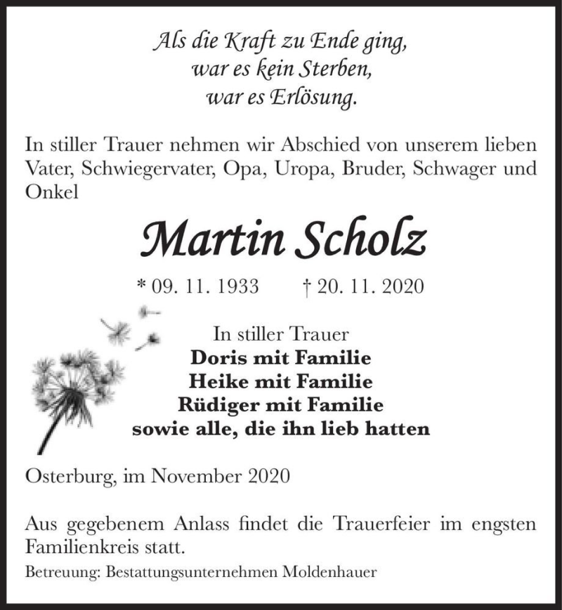  Traueranzeige für Martin Scholz  vom 25.11.2020 aus Magdeburger Volksstimme