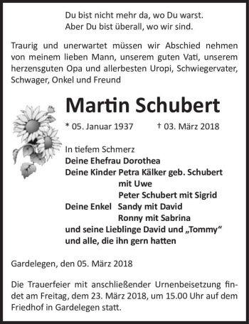 Traueranzeige von Martin Schubert  von Magdeburger Volksstimme