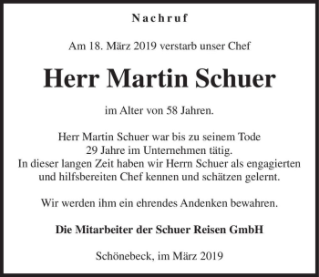 Traueranzeige von Martin Schuer  von Magdeburger Volksstimme