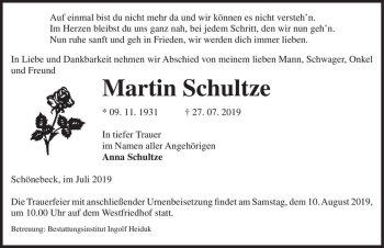 Traueranzeige von Martin Schultze  von Magdeburger Volksstimme