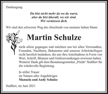 Traueranzeige von Martin Schulze  von Magdeburger Volksstimme