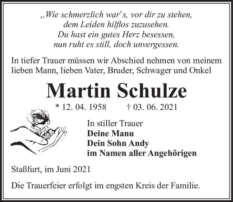  Traueranzeige für Martin Schulze  vom 12.06.2021 aus Magdeburger Volksstimme