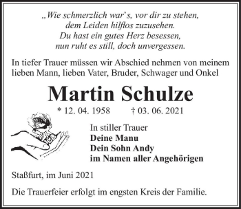 Traueranzeige von Martin Schulze  von Magdeburger Volksstimme