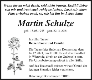 Traueranzeige von Martin Schulze  von Magdeburger Volksstimme