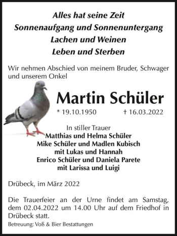 Traueranzeige von Martin Schüler  von Magdeburger Volksstimme
