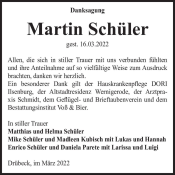 Traueranzeige von Martin Schüler  von Magdeburger Volksstimme