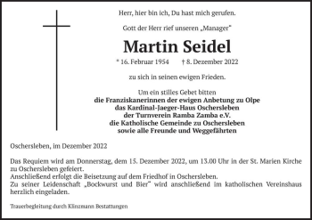 Traueranzeige von Martin Seidel  von Magdeburger Volksstimme