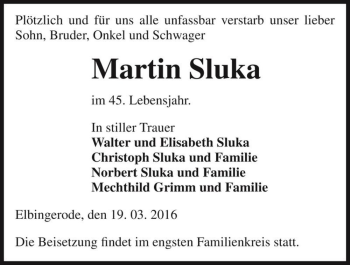 Traueranzeige von Martin Sluka  von Magdeburger Volksstimme