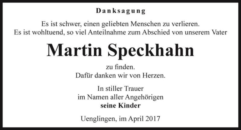  Traueranzeige für Martin Speckhahn  vom 15.04.2017 aus Magdeburger Volksstimme