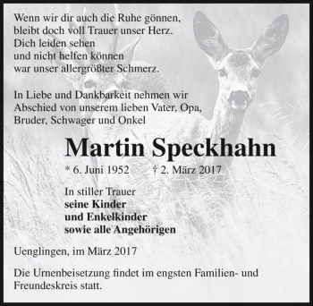 Traueranzeige von Martin Speckhahn  von Magdeburger Volksstimme