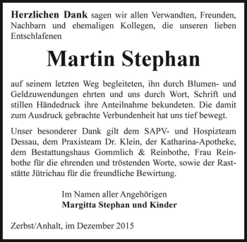 Traueranzeige von Martin Stephan  von Magdeburger Volksstimme
