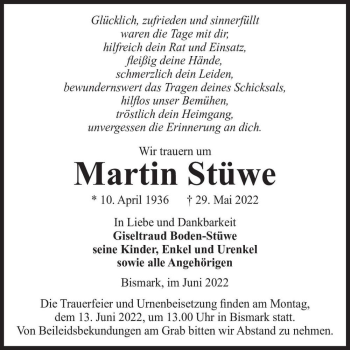 Traueranzeige von Martin Stüwe  von Magdeburger Volksstimme